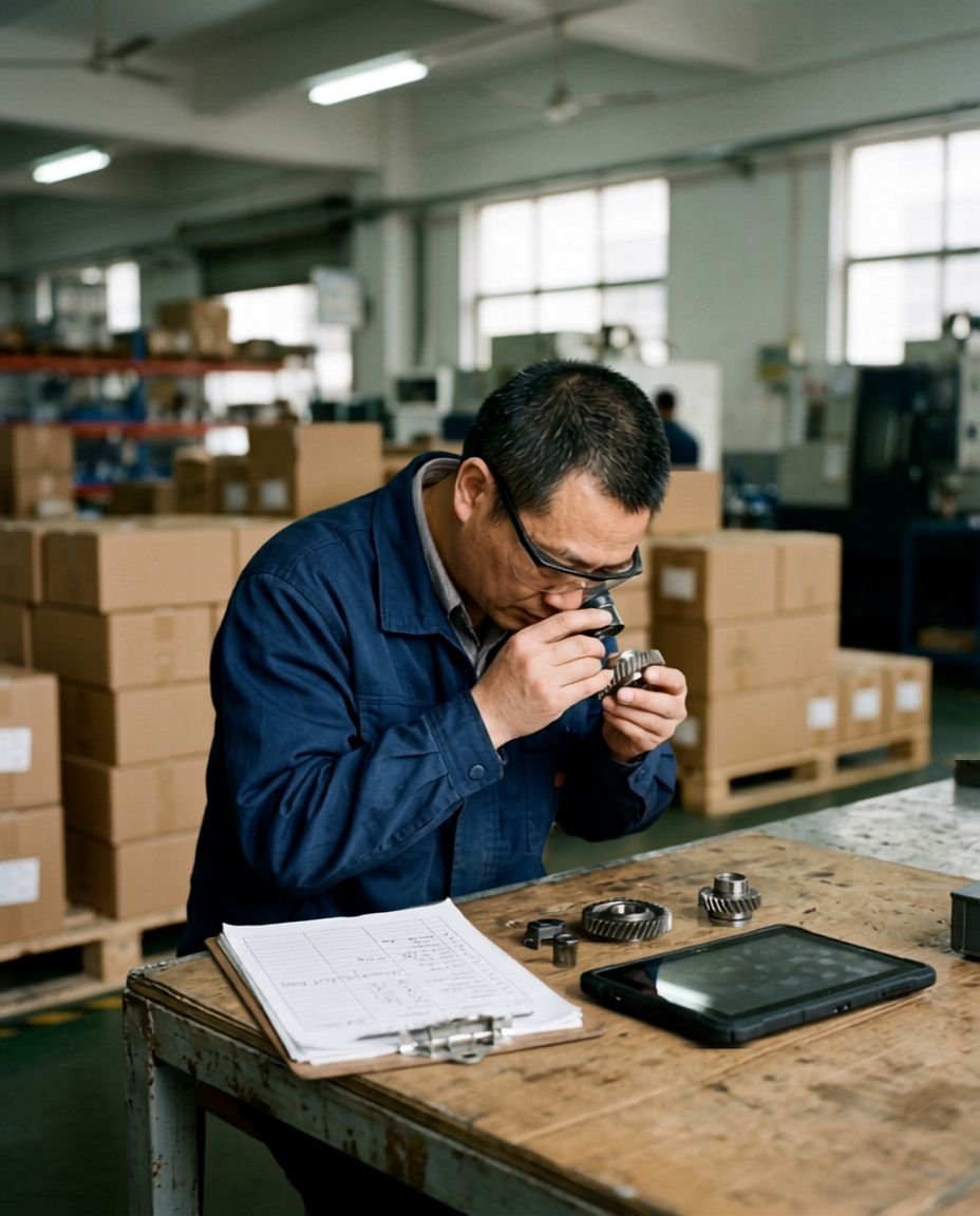 Inspetor verificando produção em fábrica na China